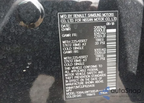 2018 Nissan Rogue Sv z USA, uszkodzony, nr VIN KNMAT2MT2JP621406